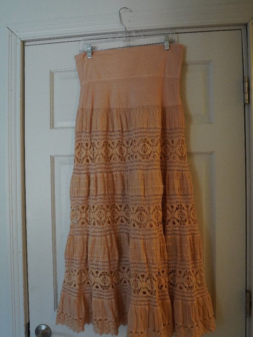 Now & Then Blush Peach Lace Tiered Maxi Skirt Size M Boho - Picture 1 of 3